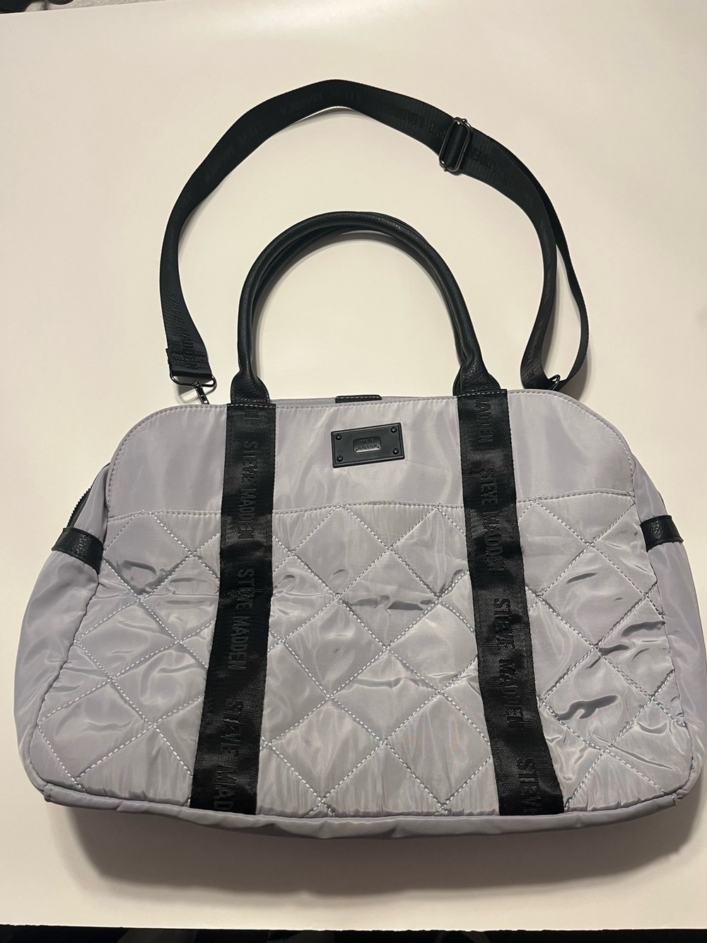 Steve Madden Quilted Shoulder Tote in Light Gray with Black Trim